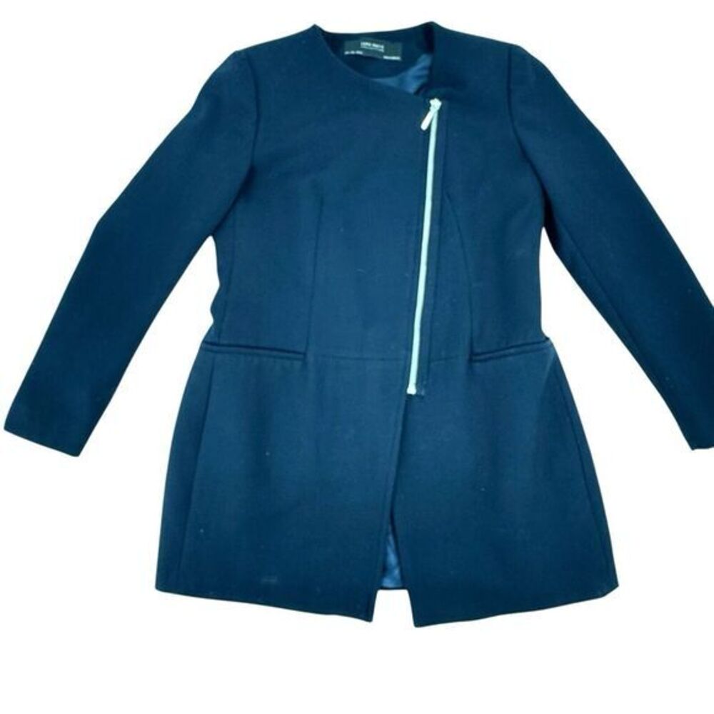 Zara Basic Navy Asymmetrical Zipper Front Tailored Jacket‎ Women's Size Large - Picture 6 of 8